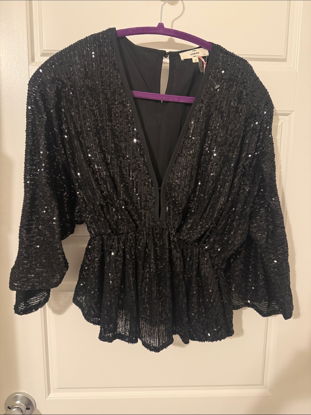 entro Black Sequin Plunge-Waist Blouse